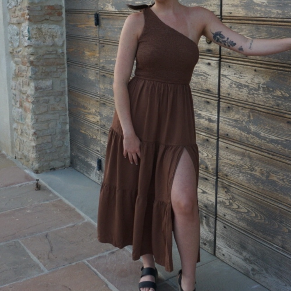 One Shoulder Brown Midi Dress